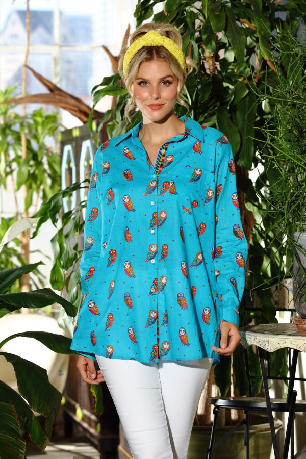Aqua Owls Boyfriend Shirt Online Sale